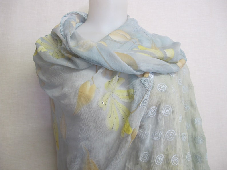 Sari Shawl Embroidered Shawl Seafoam Aqua Shawl Sari Indian Shawl Chiffon Shawl Organza Veil image 1