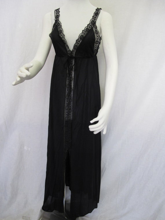 Black Nylon Nightgown Black Lace Nightgown Low Cut - image 1