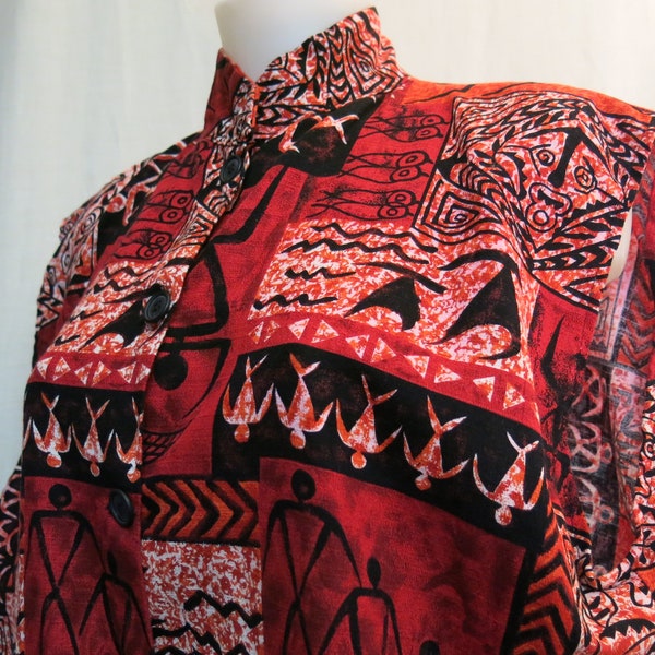 Vintage Hawaiian Blouse Sleeveless Shirt RARE Midcentury Bark cloth Smock
