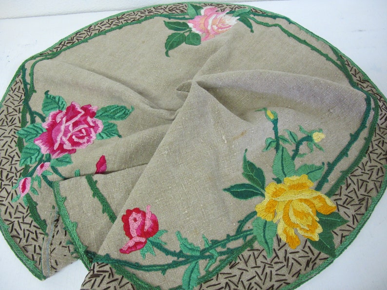Embroidered Linen Tablecloth Cottage Chic Linen tablecloth Roses tablecloth