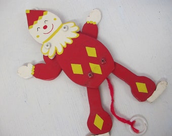 Wood Toy Clown Christmas Ornament Pull Toy 1940's Toy Christmas Ornament