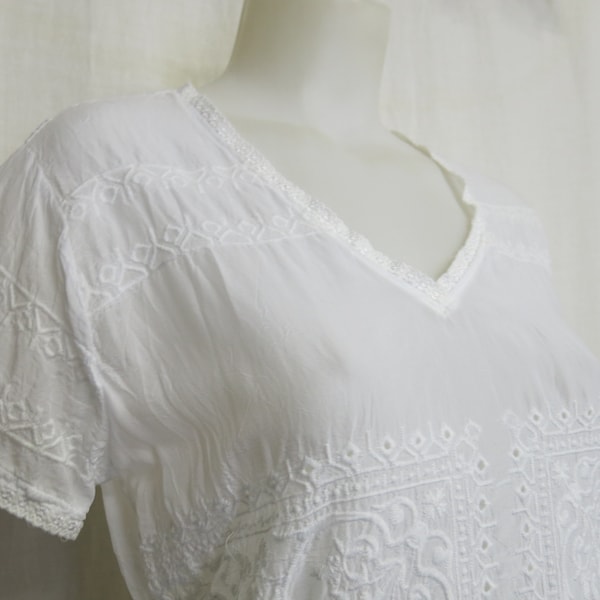 Johnny Was Peasant Blouse Rayon Eyelet Blouse White Tunic Blouse Small