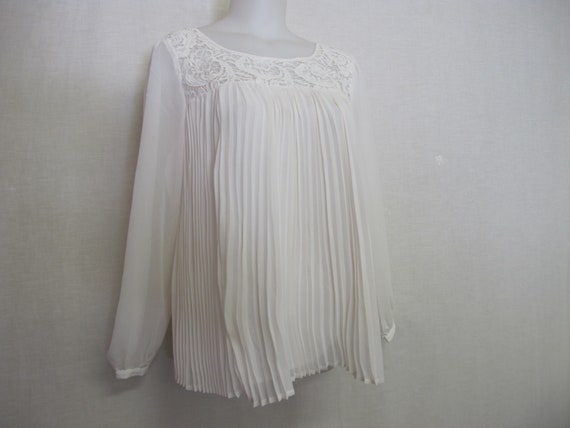 White Lace Blouse Pleated Ivory Georgette Blouse … - image 4