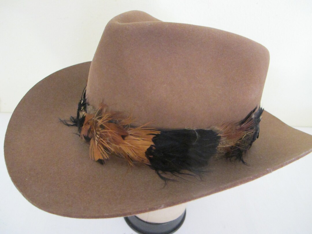 Vintage Stetson Outback Suede Cowboy Hat With Feather Vintage Stetson Outback Suede Leather Cowboy Hat W/ Feather  main image 2