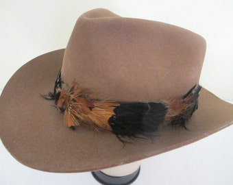 Vintage Cowboy Hat Feather Headband Hat 1990's Hat Tiger of Sweden Hat Cowboy Hat Brown Dress Hat