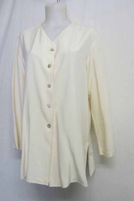 White Silk Tunic Blouse Long Sleeve Ivory Ecru Med