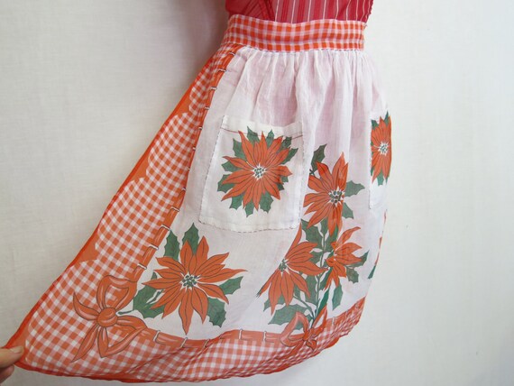 Christmas Apron: Poinsettia Organza Half Apron Vintage 1950s