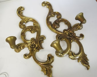 Mid Century Syroco Ornate Gold Wood  Wall Sconces Candle Holders