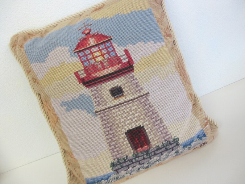 Mid Century Needlepoint Lighthouse Pillow Beach Needlepoint Etsy