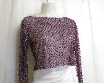 Top de malla con cuentas vintage, blusa transparente morada con perlas, top glamuroso estilo Y2K, prenda transparente para fiestas, discotecas y festivales.
