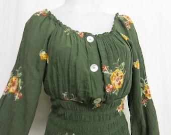 Crinkle Rayon Gauze Dress Peasant Embroidered Crochet Olive Green