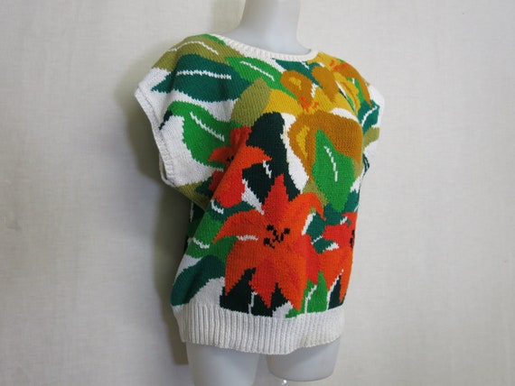 Mod Cotton Sweater Intarsia Floral Perry Ellis Po… - image 2