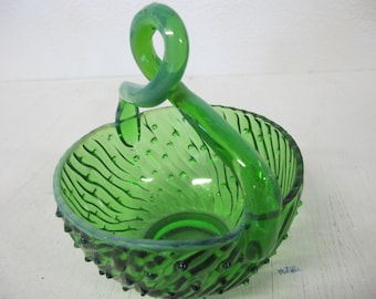 Glass Basket Candy Bowl Emerald Green Glass Hobnail Jefferson
