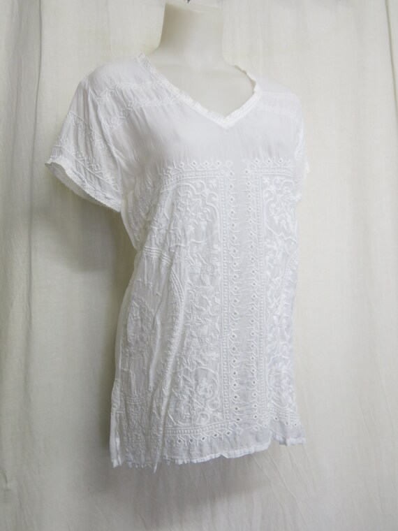 Johnny Was Peasant Blouse Rayon Eyelet Blouse Whi… - image 4