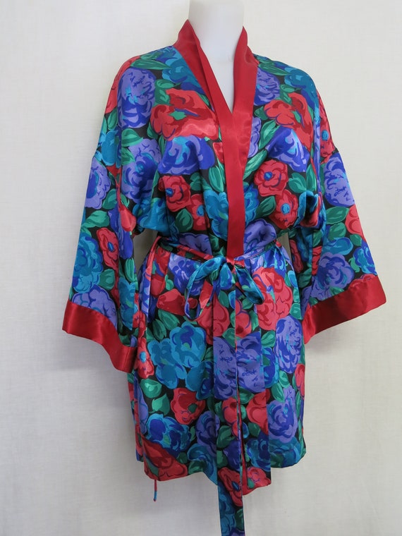 Satin Robe Floral Short  Satin Robe Loungewear Vi… - image 5