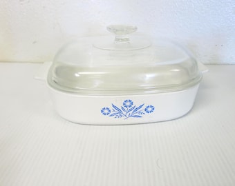 Große Vintage Corning Ware Blue Cornflower Auflaufform 10x12 mit Glasdeckel | Mid Century
