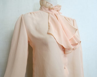 Ruffle Blouse 1970 Crepe Blouse Sissy Blouse Peach Jabot