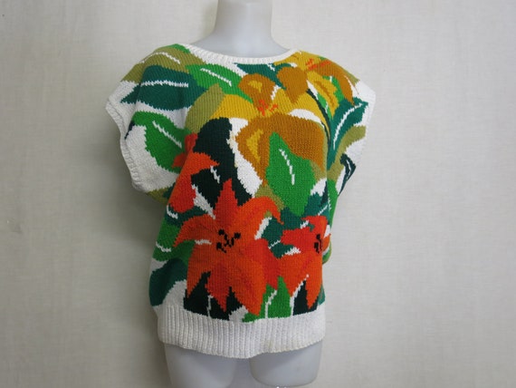 Mod Cotton Sweater Intarsia Floral Perry Ellis Po… - image 1