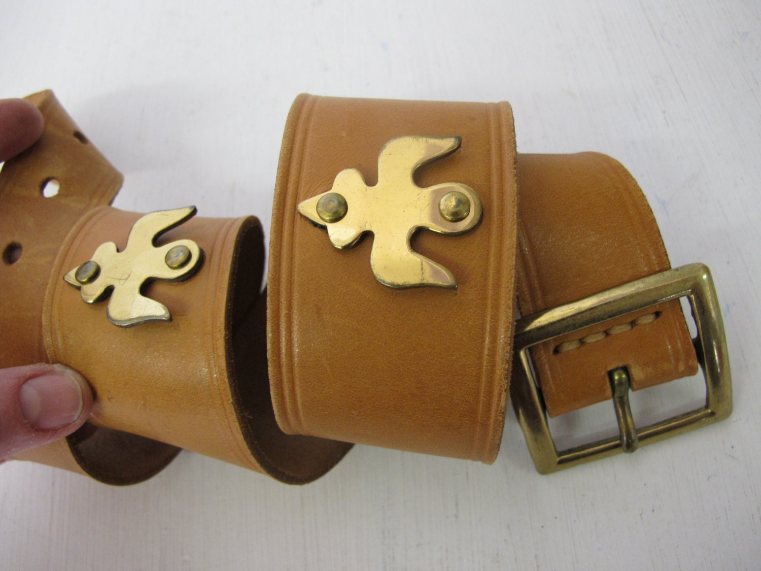 Wide Leather Belt: 1970s Boho Brass Buckle, Fits 28-30 - Etsy display picture 1