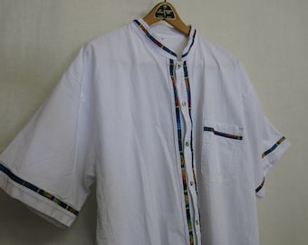 Guatemalan White Cotton Shirt with Handwoven Inserts (XL)