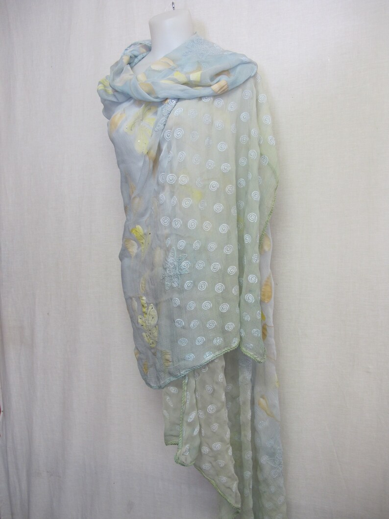 Sari Shawl Embroidered Shawl Seafoam Aqua Shawl Sari Indian Shawl Chiffon Shawl Organza Veil image 3