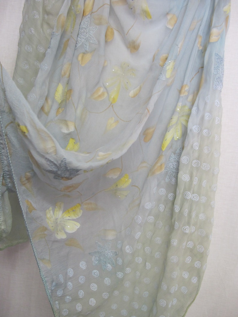 Sari Shawl Embroidered Shawl Seafoam Aqua Shawl Sari Indian Shawl Chiffon Shawl Organza Veil image 8