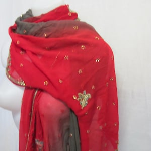 Silk Shawl Red Ombre Sari Indian Shawl Chiffon  Beaded Embroidered Dupatta
