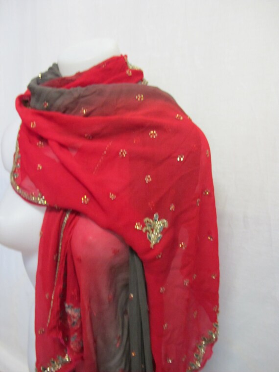 Silk Shawl Red Ombre Sari Indian Shawl Chiffon  Be