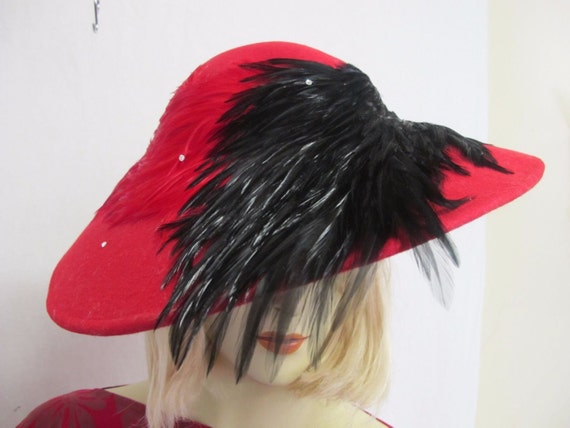 Mid Century Feather Hat Red Hat Designer Hat Big B