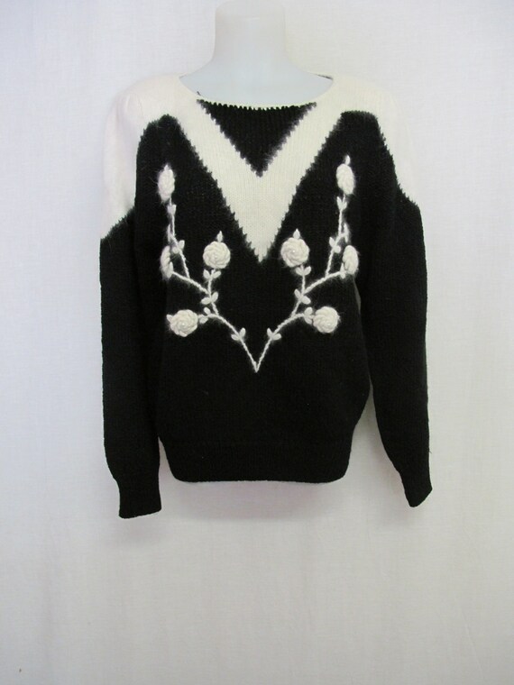 Novelty Sweater Angora Sweater Black Floral Sweate