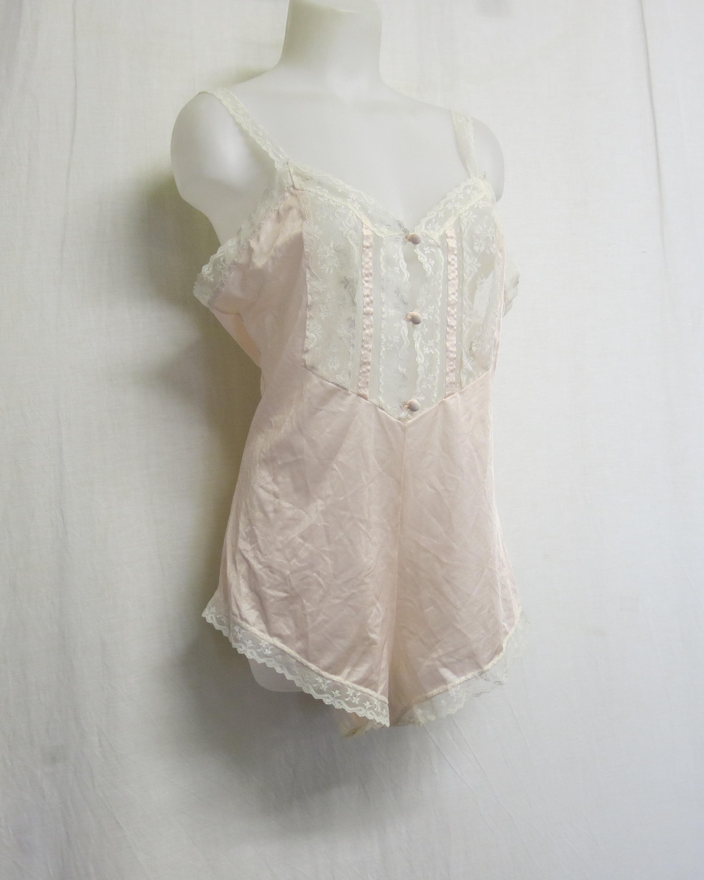 Lace Romper Nylon Onesie Teddy Pink Lace 1970