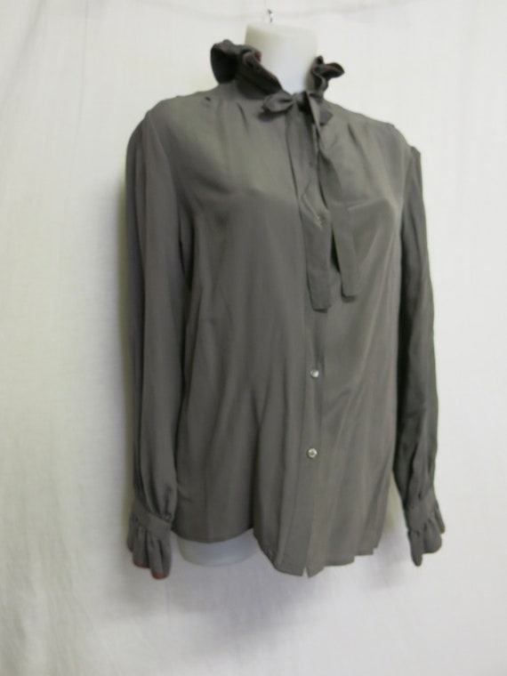 Silk Blouse Ruffle Collar and Sleeve with Tie Charcoal Gray