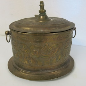 Antique Middle Eastern Brass Box: Repousse Oval Covered Box