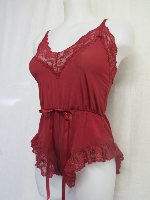 Romper Onesie Lace Teddy Lace Romper Bodysuit Burgundy Red 1990's -   Sweden