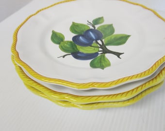Vintage Girasole Italy Hand Painted Fruit Plates Cherries Plums Yellow Rim Italian Ceramic Majolica Plates