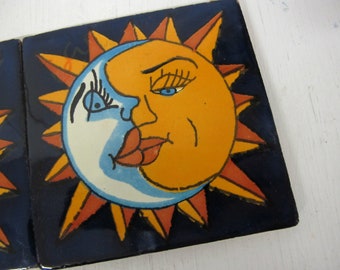 Mid Century Modern Mexican Tile Sun and Moon Handmade Tile