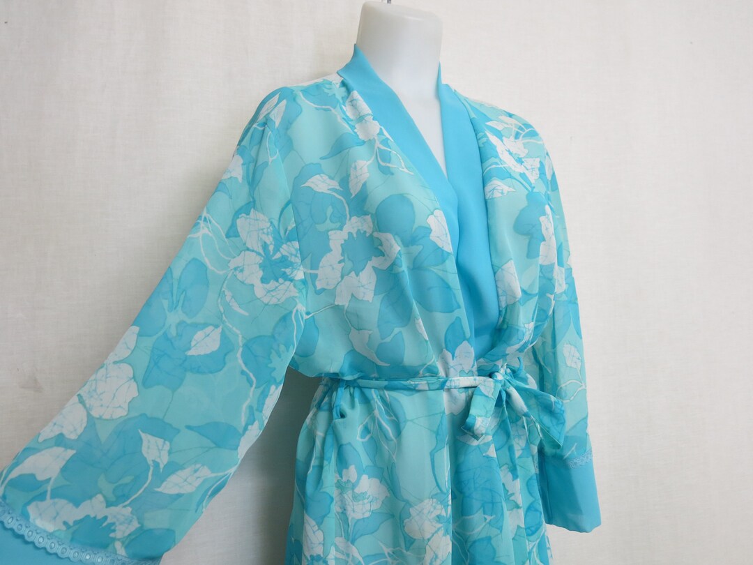 Aqua Chiffon Robe: Floral Sheer Dressing Gown, 80s Glam - Etsy