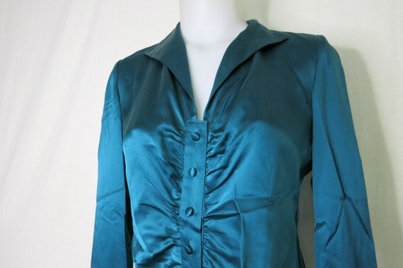 Turquoise Silk Satin Blouse Long Sleeve Small 4P … - image 1