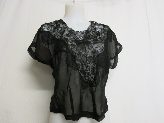 1930s Black Lace Blouse: Sheer Silk Dark Academia… - image 1