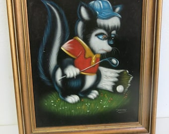 Vintage Velvet Painting Golfing Skunk Framed Black Velvet Art Kitsch Mid Century Retro Golf Decor