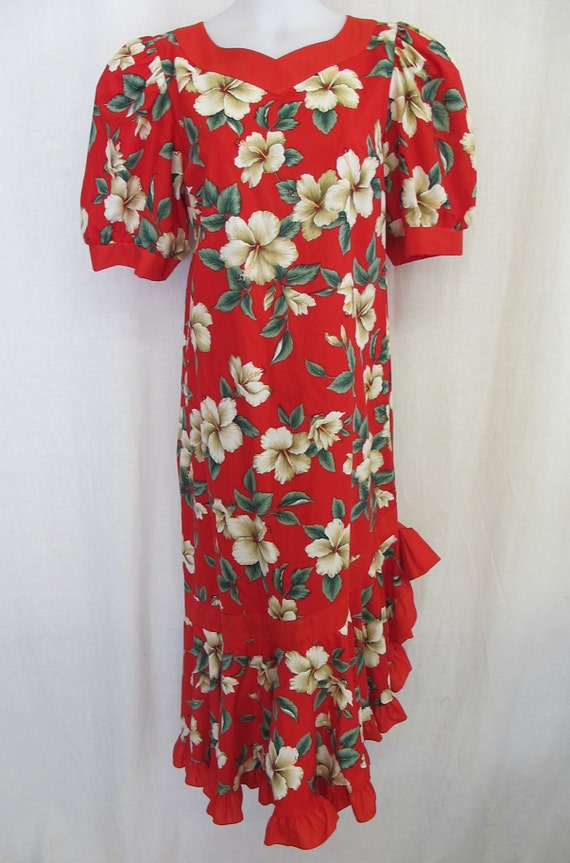 Hawaiian Dress Cotton Floral Caftan 1980s Muumuu L
