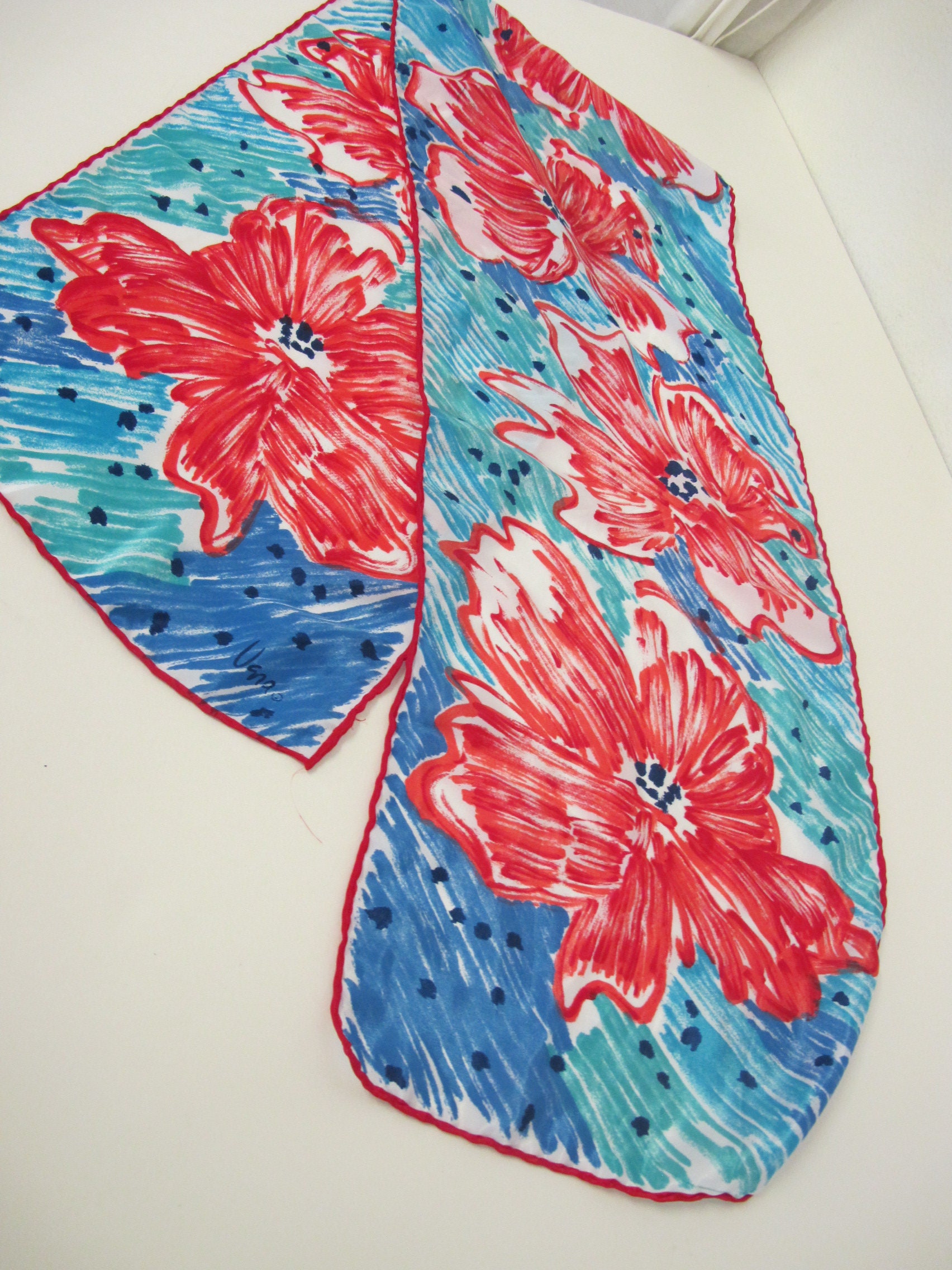 Vera Neumann Silk Scarf Long Scarf Rare Red Poppies