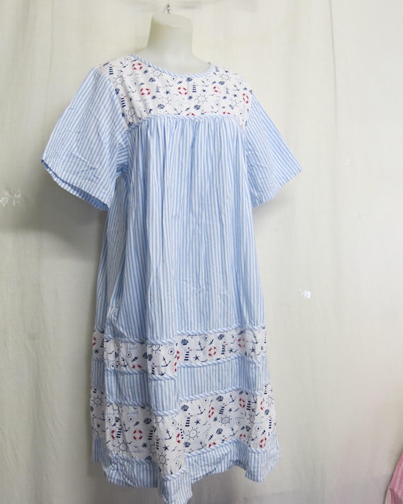 cotton muumuu dresses Plus Size - Women's Notch Neckline Cotton Muumuu With 3/4 Sleeves - Blue - 4X-Large