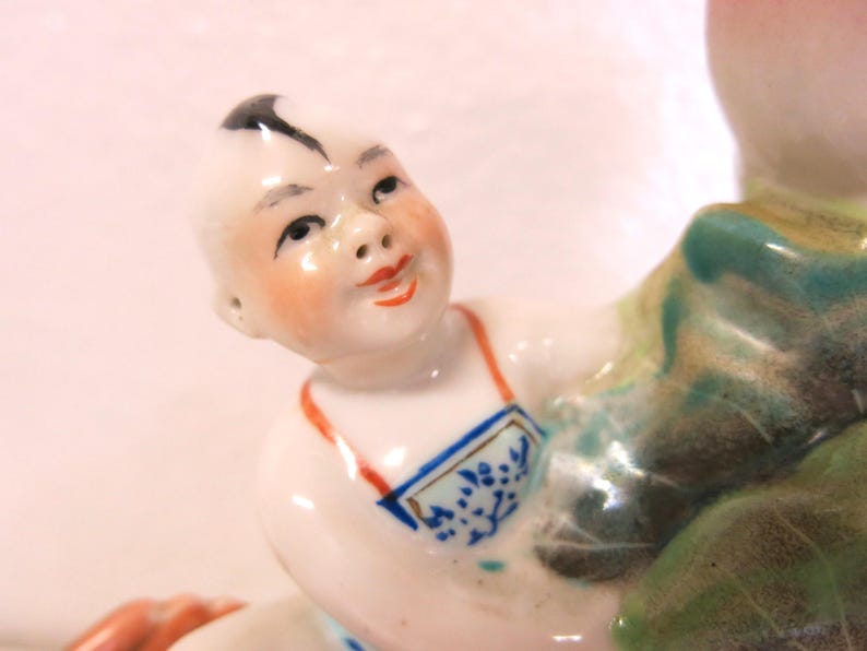 Chinese Porcelain Koi Fish Statue: Boy, Lotus Vase Candle Holder image 5