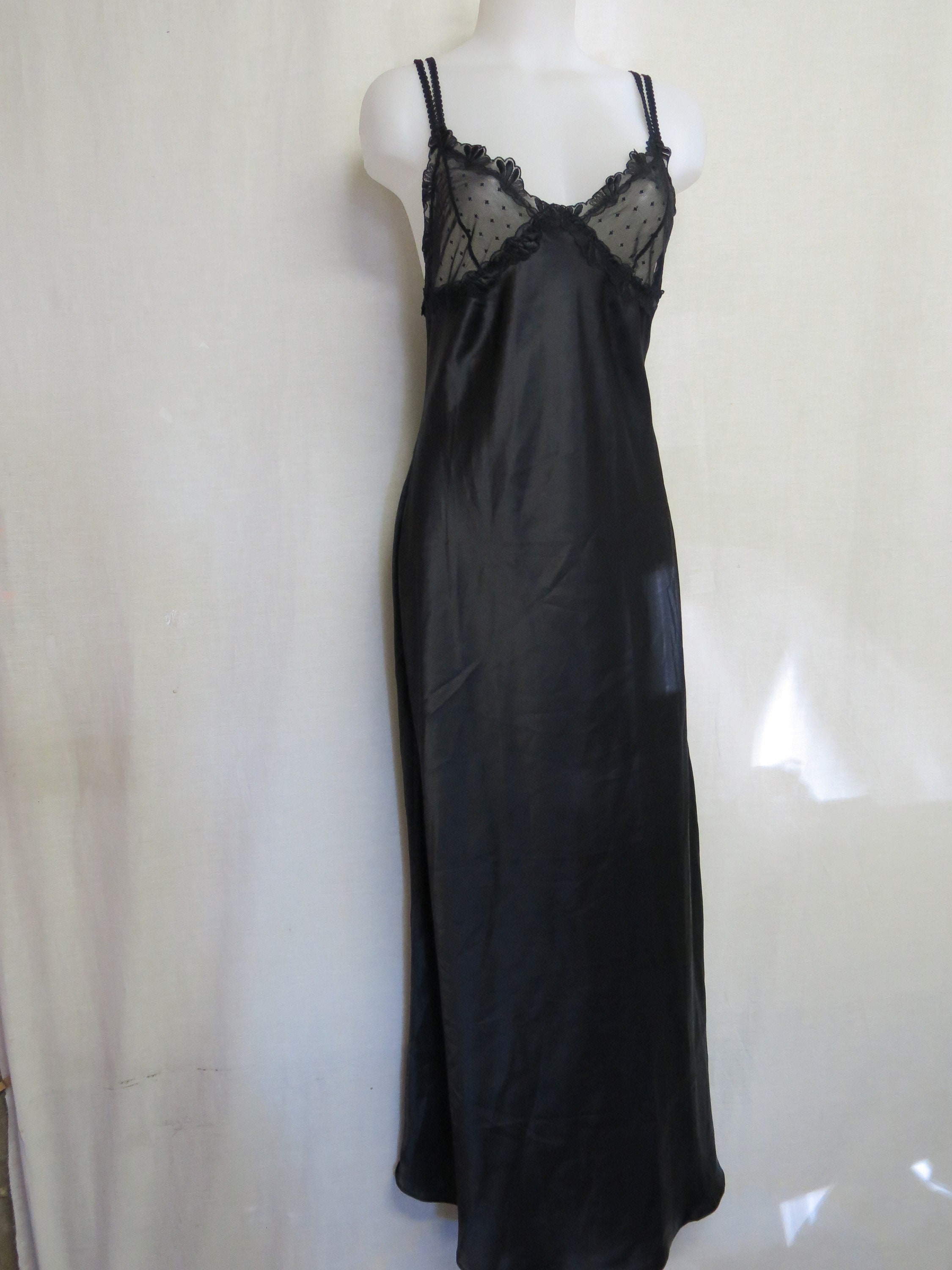 Sexy Black Satin Nightgown Black Lace Nightgown Low Cut Etsy