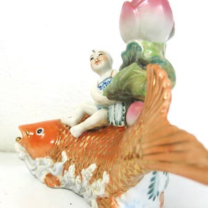 Chinese Porcelain Koi Fish Statue: Boy, Lotus Vase Candle Holder image 2