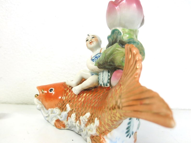 Chinese Porcelain Koi Fish Statue: Boy, Lotus Vase Candle Holder image 2
