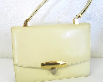 Vintage Koret Ivory Leather Handbag, 1950s Goldtone Shoulder Bag Minimalist
