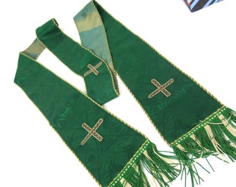 Vintage Green Liturgical Stole Clergy Vestment Gold Cross Embroidered Fringe Religious Catholic