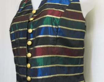 Vintage Silk Halter Vest Metallic Stripe Gold Button Waistcoat 90s Taffeta